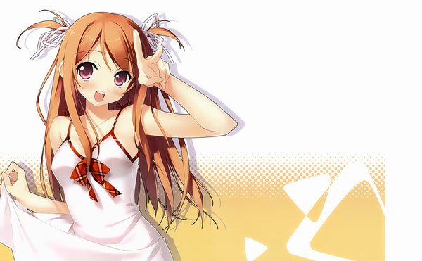 Anime picture 4879x3021 with 5 nenme no houkago (artbook) original kurumi (kantoku) kantoku single long hair looking at viewer blush highres breasts open mouth smile brown hair wide image bare shoulders scan two side up sleeveless girl dress