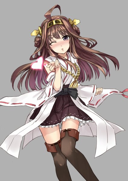 Anime picture 848x1200 with kantai collection kongou battleship hika (cross-angel) single long hair tall image blush brown hair ahoge one eye closed wink black eyes nontraditional miko blown kiss girl thighhighs black thighhighs detached sleeves heart