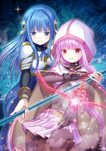 Anime picture 763x1080 with mahou shoujo madoka magica magia record: mahou shoujo madoka magica gaiden shaft (studio) tamaki iroha nanami yachiyo yatsu seisakusho long hair tall image looking at viewer fringe blue eyes multiple girls blue hair pink hair blunt bangs pleated skirt pink eyes sparkle covered navel magical girl