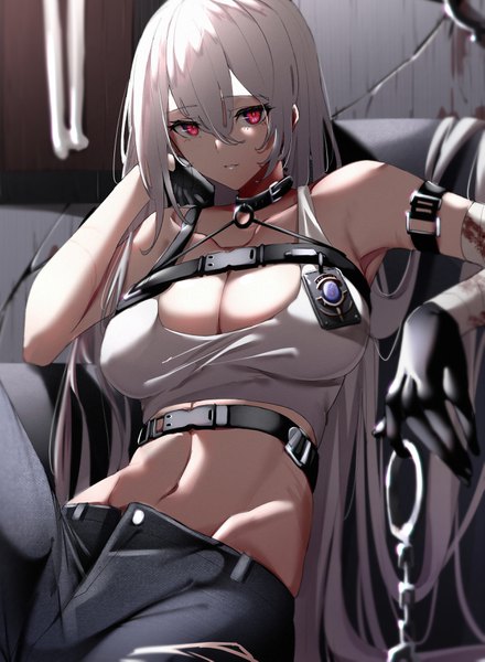 Anime picture 2571x3501 with azur lane sovetskaya rossiya (azur lane) sovetskaya rossiya (the lackadaisical lookout) (azur lane) azarashi (azrsot) single long hair tall image looking at viewer fringe highres breasts light erotic hair between eyes red eyes large breasts sitting bare shoulders holding cleavage silver hair
