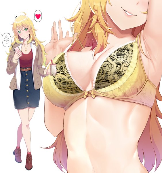Anime picture 1126x1200 with idolmaster idolmaster (classic) hoshii miki irohakaede single long hair tall image breasts light erotic blonde hair large breasts green eyes ahoge armpit (armpits) multiview girl lingerie bra heart pendant