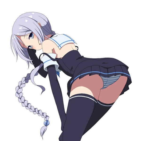Anime picture 800x800 with kantai collection umikaze (kantai collection) toho-77 single long hair looking at viewer blush open mouth blue eyes light erotic simple background white background bare shoulders purple hair ass braid (braids) pleated skirt arm support leaning leaning forward