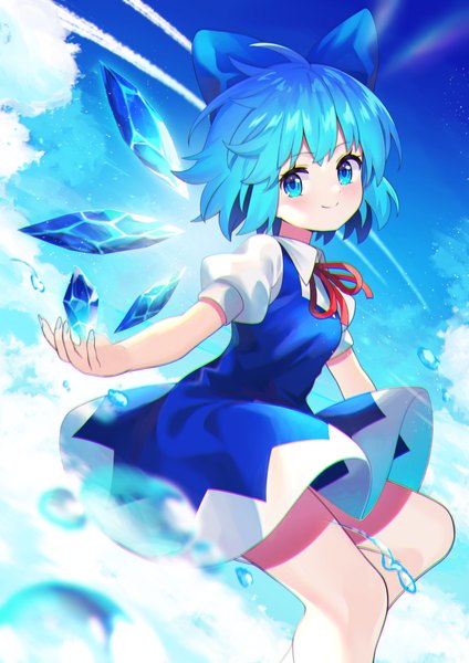 Anime picture 2894x4093 with touhou cirno yuujin (yuzinn333) single tall image looking at viewer highres short hair blue eyes smile blue hair sky cloud (clouds) puffy sleeves turning head condensation trail girl dress bow hair bow