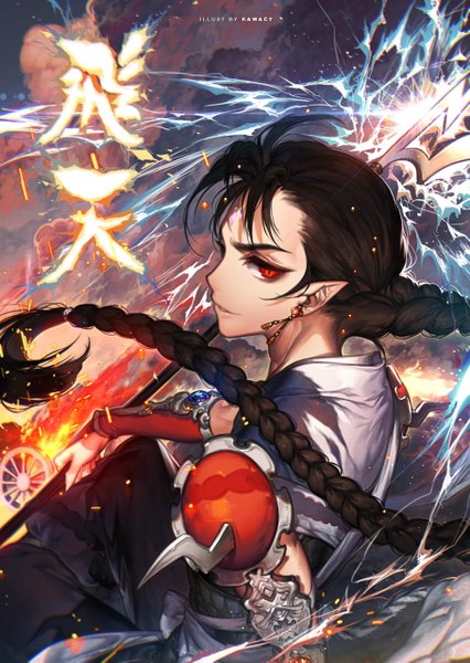Anime picture 908x1280 with kawacy single tall image looking at viewer fringe black hair smile red eyes signed cloud (clouds) ahoge braid (braids) very long hair looking back pointy ears inscription single braid glowing eyebrows lightning