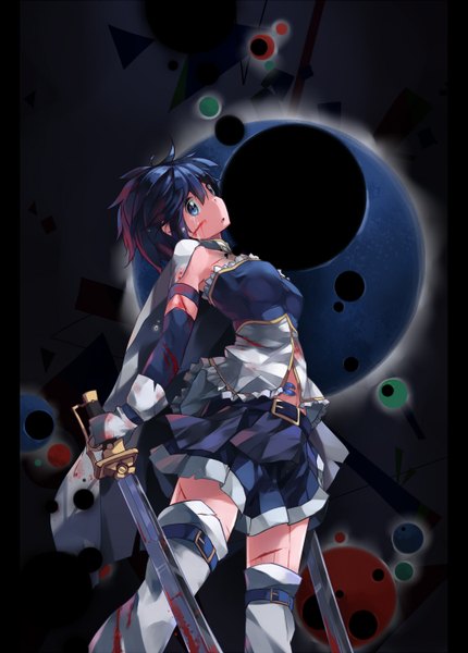 Anime picture 1075x1500 with mahou shoujo madoka magica shaft (studio) miki sayaka huanxiang huifeng single tall image looking at viewer short hair blue eyes blue hair tears girl skirt gloves weapon detached sleeves sword blood thigh boots cape