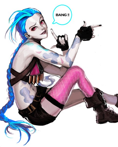Anime picture 2300x2852 with league of legends jinx (league of legends) pemuchi single long hair tall image looking at viewer highres smile white background sitting blue hair braid (braids) pink eyes inscription tattoo twin braids text english girl