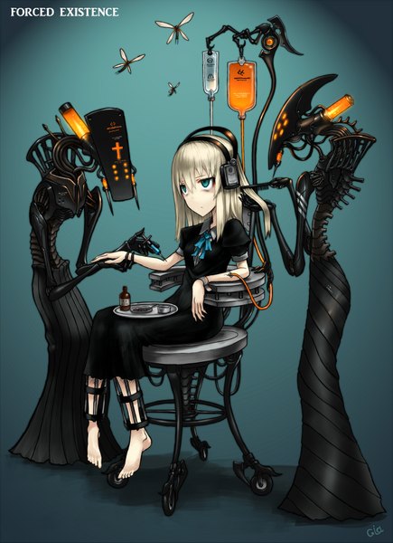 Anime picture 1300x1793 with original gia long hair tall image blue eyes blonde hair sitting girl dress headphones robot
