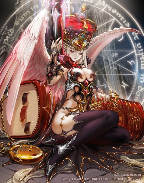 Anime picture 788x1000 with original jane mere long hair tall image breasts light erotic red eyes white hair magic girl thighhighs weapon black thighhighs wings book (books) jewelry crown magic circle