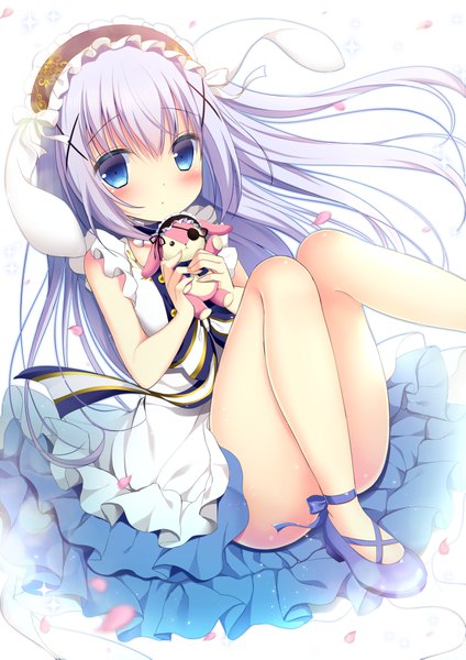 Anime picture 700x990 with gochuumon wa usagi desu ka? white fox kafuu chino shibainu niki single long hair tall image looking at viewer blush fringe blue eyes light erotic hair between eyes white background animal ears purple hair wind bare legs bunny ears fake animal ears