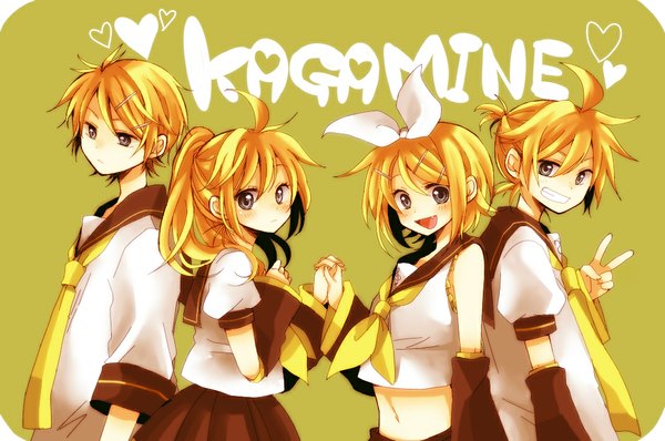 Anime picture 1070x710 with vocaloid kagamine rin kagamine len kagamine rinto kagamine lenka tagme (artist) long hair blush short hair open mouth blue eyes blonde hair multiple girls ponytail multiple boys victory girl boy navel hair ornament