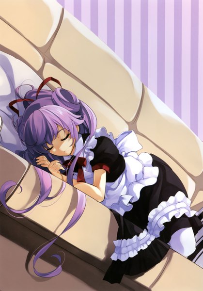 Anime picture 1896x2713 with boku to kanojo ni furu yoru (novel) misaki kurehito single long hair tall image highres purple hair ponytail lying eyes closed maid sleeping girl bow ribbon (ribbons) hair ribbon pantyhose bowtie apron couch