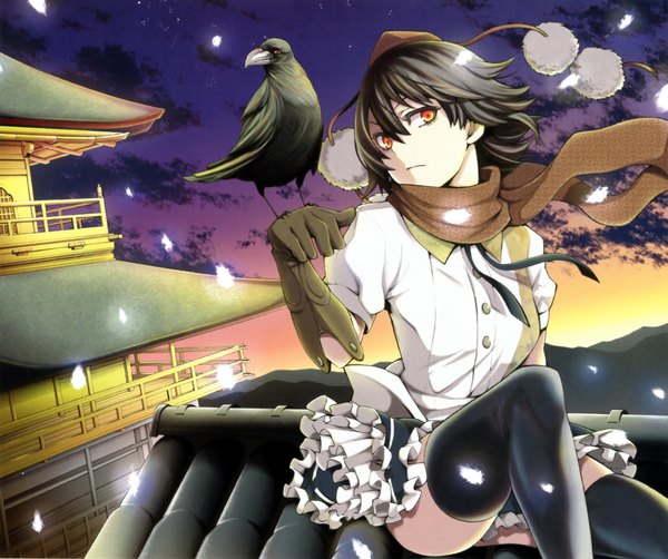 Anime picture 2261x1892 with touhou shameimaru aya uousa single highres black hair sky orange eyes girl thighhighs gloves hat animal petals scarf bird (birds) crow