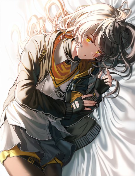 Anime picture 650x846 with girls frontline ump45 (girls frontline) silence girl single long hair tall image looking at viewer blush fringe open mouth hair between eyes yellow eyes lying long sleeves grey hair sunlight open jacket on side scar girl