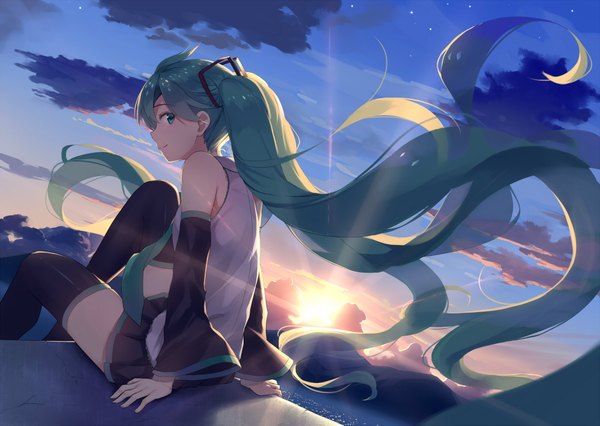 Anime picture 2000x1421 with vocaloid hatsune miku alexmaster single highres twintails bare shoulders sky cloud (clouds) very long hair profile aqua eyes aqua hair evening sunset girl thighhighs skirt black thighhighs detached sleeves