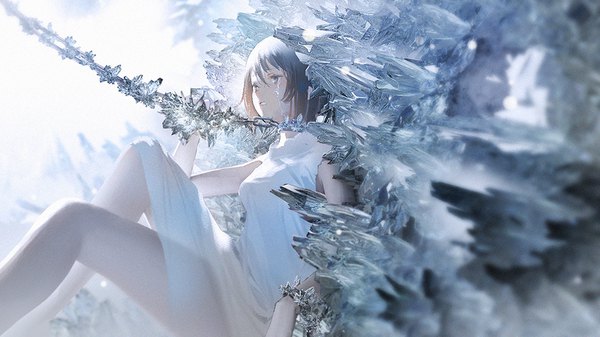 Anime picture 960x540 with original mogumo single fringe short hair black hair hair between eyes wide image sitting looking away parted lips blurry grey eyes sleeveless tears girl dress white dress chain crystal