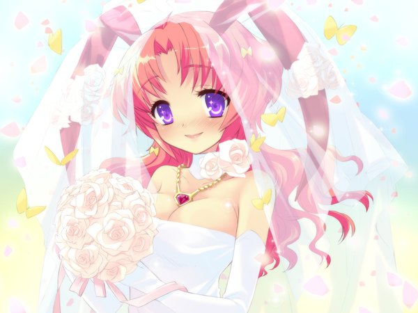 Anime picture 1600x1200 with alice parade luna (alice parade) itou noiji single long hair looking at viewer light erotic smile purple eyes animal ears pink hair game cg bunny ears girl dress flower (flowers) rose (roses) necklace bouquet wedding dress