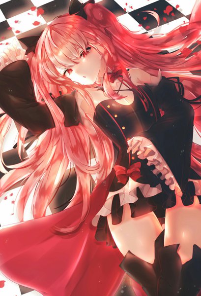 Anime picture 1524x2233 with owari no seraph wit studio kururu tepes to gang single long hair tall image looking at viewer fringe hair between eyes twintails bare shoulders payot pink hair lying parted lips head tilt pink eyes arm up wide sleeves