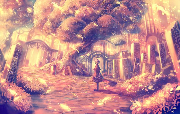 Anime picture 1600x1018 with original bounin single short hair standing looking away full body ahoge outdoors blurry girl flower (flowers) plant (plants) petals tree (trees) broom