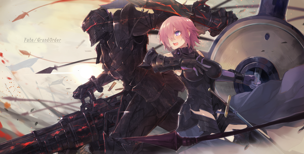 Anime picture 2000x1019 with fate (series) fate/grand order fate/zero mash kyrielight berserker (fate/zero) mono (jdaj) fringe highres short hair open mouth wide image purple eyes holding looking away pink hair hair over one eye copyright name fighting stance knight girl