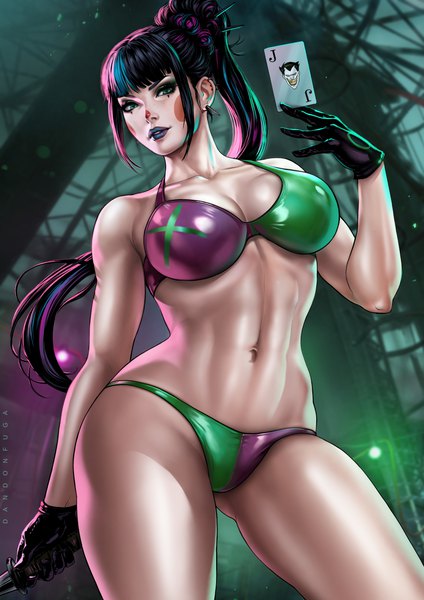 Anime picture 3508x4961 with batman dc comics punchline (batman) dandon fuga single long hair tall image looking at viewer fringe highres breasts light erotic black hair large breasts standing holding signed payot absurdres ponytail