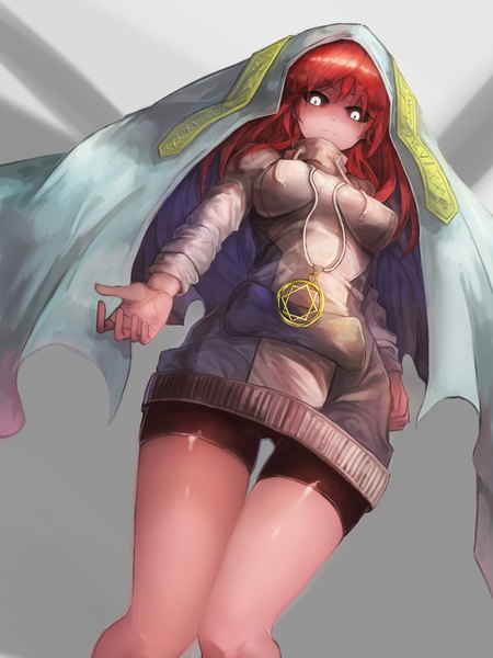 Anime picture 3000x4000 with original david lee single long hair tall image looking at viewer highres light erotic red hair from below outstretched hand knees touching white eyes black sclera girl shorts pendant veil