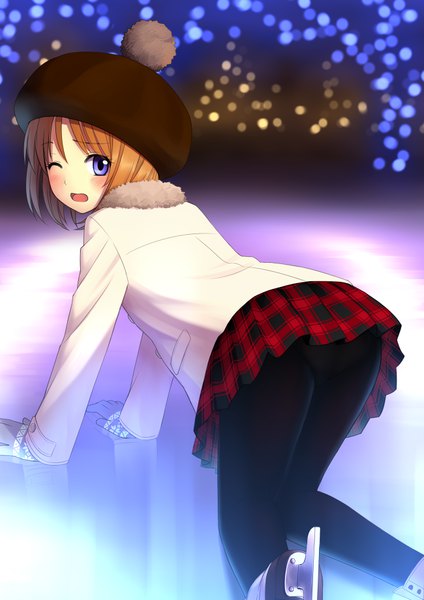 Anime picture 650x920 with original kuro (chrono) single tall image looking at viewer blush fringe short hair light erotic brown hair purple eyes full body bent knee (knees) ass outdoors long sleeves pleated skirt one eye closed looking back from behind