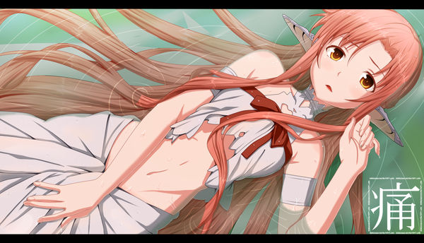 Anime picture 1550x890 with sword art online a-1 pictures yuuki asuna titania (alo) dhako889 single long hair blush open mouth light erotic wide image yellow eyes lying pointy ears orange hair bare belly midriff wet coloring girl
