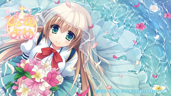 Anime picture 1280x720 with pure yome single long hair looking at viewer blush blue eyes blonde hair smile wide image game cg girl dress flower (flowers) petals bouquet