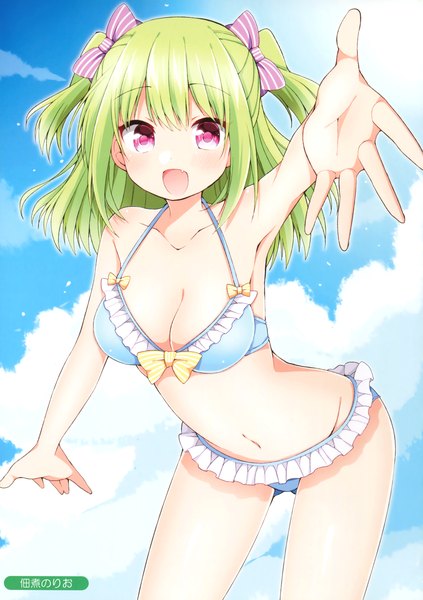 Anime picture 2468x3500 with melonbooks tsukudani norio single long hair tall image blush highres breasts open mouth light erotic sky cleavage cloud (clouds) pink eyes green hair scan two side up girl navel bow