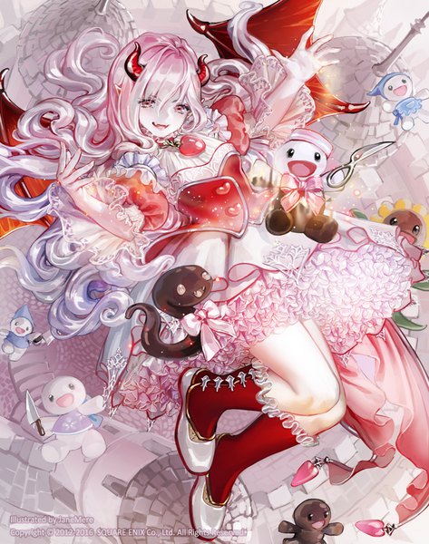 Anime picture 788x1000 with guardian cross jane mere single long hair tall image looking at viewer fringe open mouth smile red eyes pink hair purple hair full body bent knee (knees) :d multicolored hair horn (horns) pointy ears official art fang (fangs)
