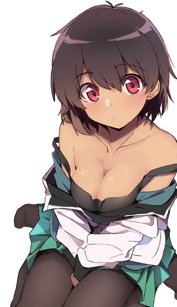 Anime picture 2703x4684 with original kazenoko single tall image looking at viewer blush fringe highres short hair breasts light erotic simple background hair between eyes red eyes brown hair large breasts sitting bare shoulders cleavage parted lips