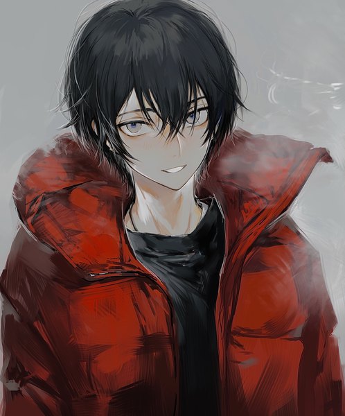 Anime picture 2894x3484 with original suechiee single tall image looking at viewer fringe highres short hair black hair simple background smile hair between eyes upper body grey background open jacket grey eyes boy jacket winter clothes