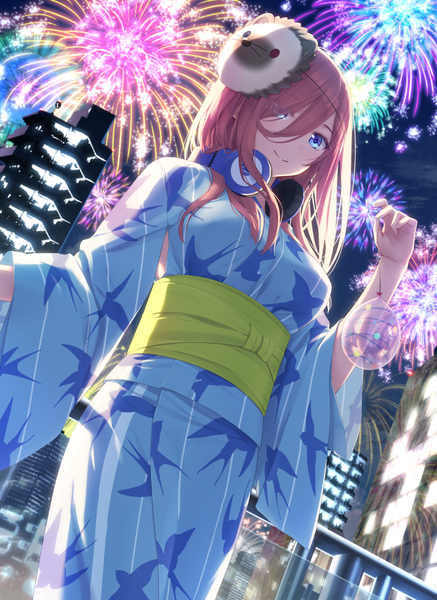 Anime picture 761x1043 with go-toubun no hanayome nakano miku haribote (tarao) single long hair tall image looking at viewer blush fringe blue eyes smile standing holding sky outdoors red hair traditional clothes japanese clothes hair over one eye wide sleeves
