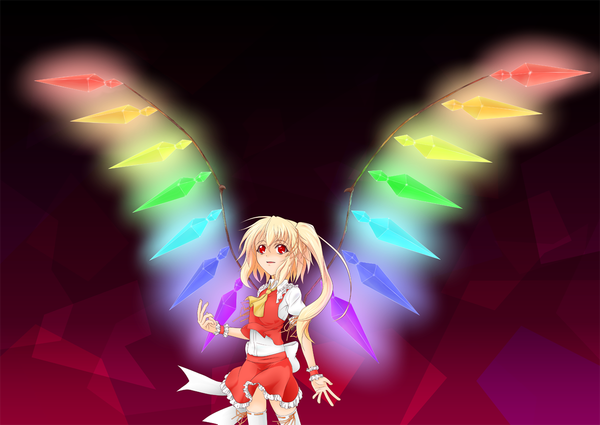 Anime picture 1200x851 with touhou flandre scarlet simple background blonde hair red eyes one side up red background girl skirt wings skirt set