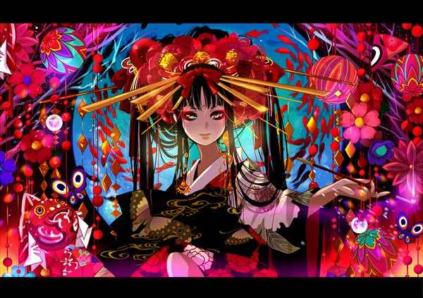 Anime picture 1000x705 with original nanahara single long hair looking at viewer black hair smile yellow eyes nail polish traditional clothes japanese clothes hair flower wide sleeves girl hair ornament flower (flowers) bow ribbon (ribbons) plant (plants) hair bow