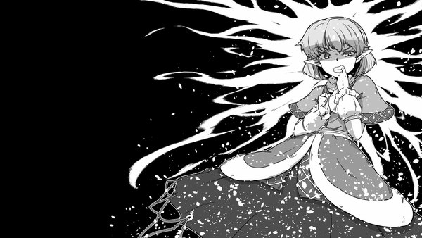 Anime-Bild 1920x1080 mit touhou mizuhashi parsee sunatoshi single looking at viewer highres short hair simple background wide image pointy ears wallpaper black background monochrome clenched teeth outline bite girl skirt mantle
