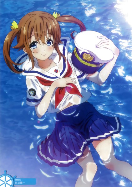 Anime picture 2701x3840 with high school fleet misaki akeno kawakami shuuichi single long hair tall image looking at viewer blush highres blue eyes smile brown hair twintails scan official art girl skirt miniskirt water sailor suit