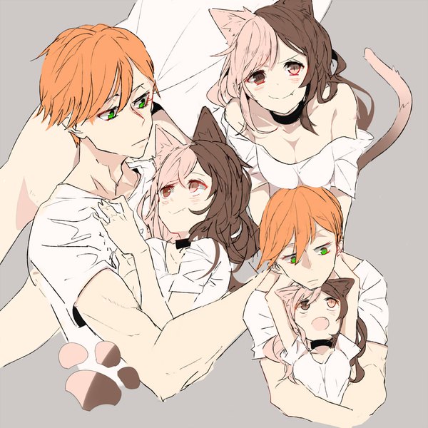 Anime picture 1300x1300 with rwby rooster teeth neopolitan (rwby) roman torchwick esu (transc) long hair looking at viewer blush short hair open mouth light erotic simple background smile brown hair brown eyes green eyes animal ears pink hair tail :d