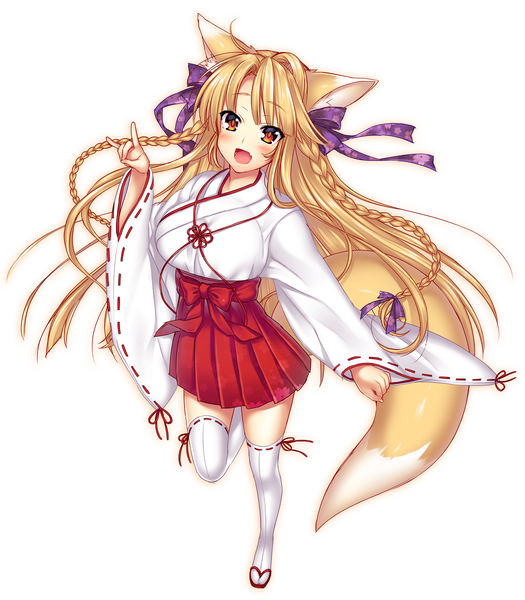 Anime picture 1050x1200 with original akashi (akashimichi) single long hair tall image looking at viewer blush breasts open mouth smile white background animal ears full body ahoge bent knee (knees) tail braid (braids) traditional clothes :d japanese clothes