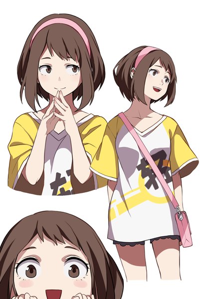 Anime picture 1181x1748 with boku no hero academia studio bones uraraka ochako juni gen tall image looking at viewer fringe short hair open mouth simple background brown hair white background brown eyes looking away :d alternate costume multiview casual fingers together blush stickers