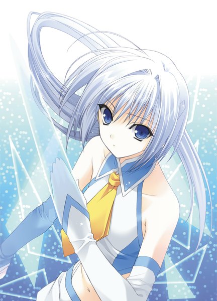Anime picture 1624x2255 with akikan yell suzuhira hiro single long hair tall image blue eyes bare shoulders ponytail grey hair scan midriff sleeveless side ponytail angry girl gloves necktie elbow gloves fingerless gloves