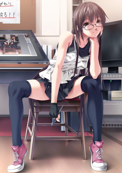 Anime picture 845x1200 with original rezi single long hair tall image looking at viewer light erotic brown hair bare shoulders brown eyes girl thighhighs skirt black thighhighs glasses fingerless gloves monitor