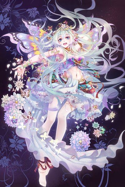 Anime picture 1200x1794 with original wait (artist) single tall image looking at viewer blush open mouth blue eyes white hair very long hair insect wings butterfly wings girl dress navel hair ornament flower (flowers) petals wings insect