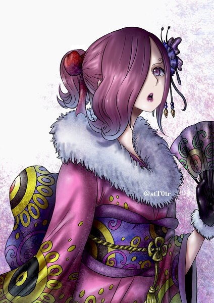 Anime picture 848x1200 with one piece toei animation vinsmoke reiju stt0tr single tall image looking at viewer fringe short hair open mouth simple background standing holding signed pink hair ponytail traditional clothes japanese clothes pink eyes lips