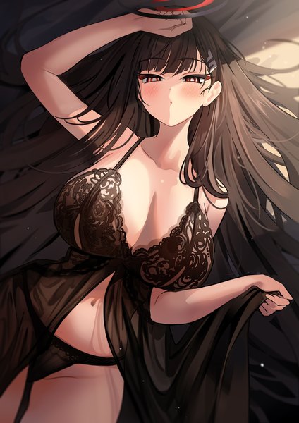 Anime picture 2480x3508 with blue archive rio (blue archive) yuki (asayuki101) single long hair tall image blush fringe highres breasts light erotic black hair red eyes large breasts looking away cleavage lying blunt bangs arm up from above