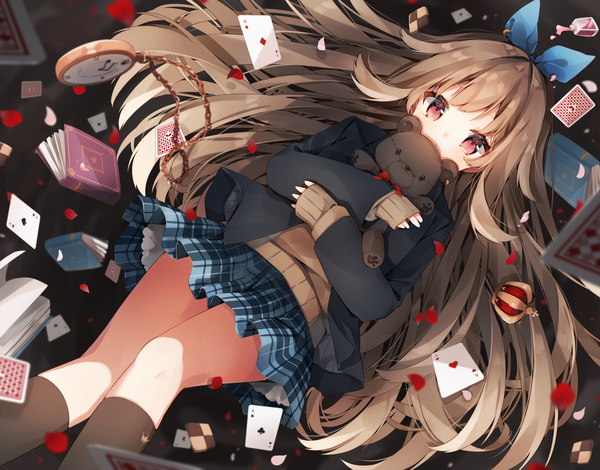 Anime picture 4807x3762 with original heripiro single long hair looking at viewer blush fringe highres open mouth brown hair holding brown eyes payot absurdres long sleeves pleated skirt :o sleeves past wrists plaid skirt falling