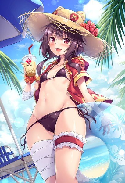 Anime picture 1584x2316 with kono subarashii sekai ni shukufuku wo! studio deen megumin akizora momiji single tall image looking at viewer blush fringe short hair breasts open mouth light erotic smile red eyes brown hair standing holding payot sky