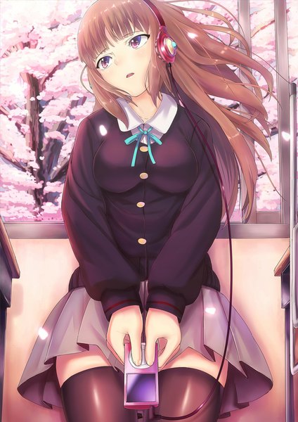 Anime picture 827x1169 with original ipod noririn long hair tall image blush open mouth red eyes brown hair looking away cherry blossoms girl thighhighs skirt uniform black thighhighs plant (plants) school uniform petals tree (trees)