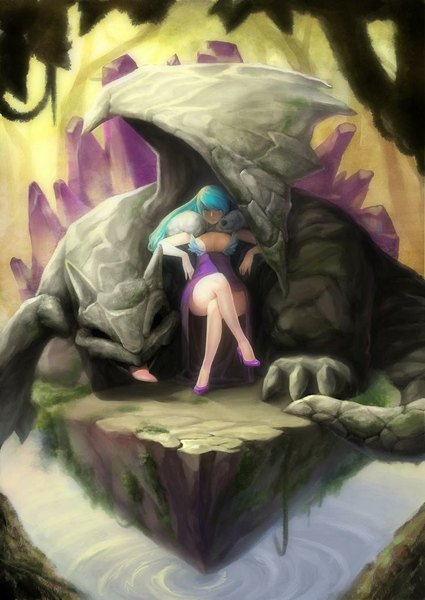 Anime picture 738x1043 with original bling single long hair tall image looking at viewer breasts light erotic large breasts sitting cleavage aqua eyes aqua hair crossed legs long tongue girl dress plant (plants) animal tree (trees)