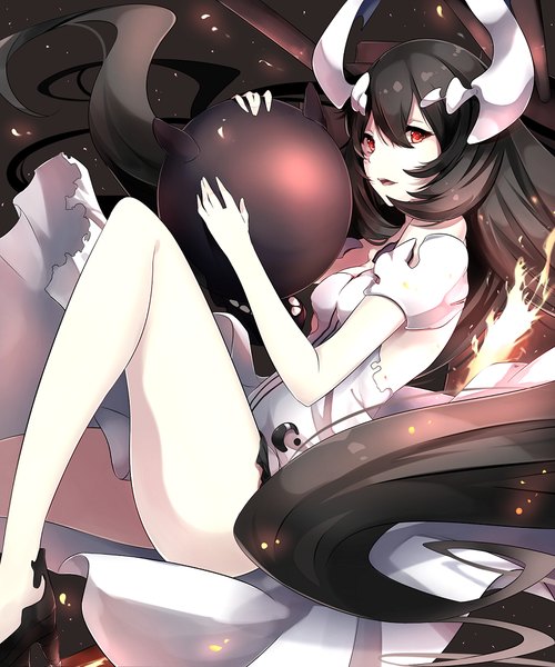 Anime picture 840x1008 with kantai collection anchorage oni kito koruta single tall image fringe open mouth light erotic black hair red eyes bent knee (knees) very long hair profile horn (horns) wind short sleeves high heels hug thighs dark background